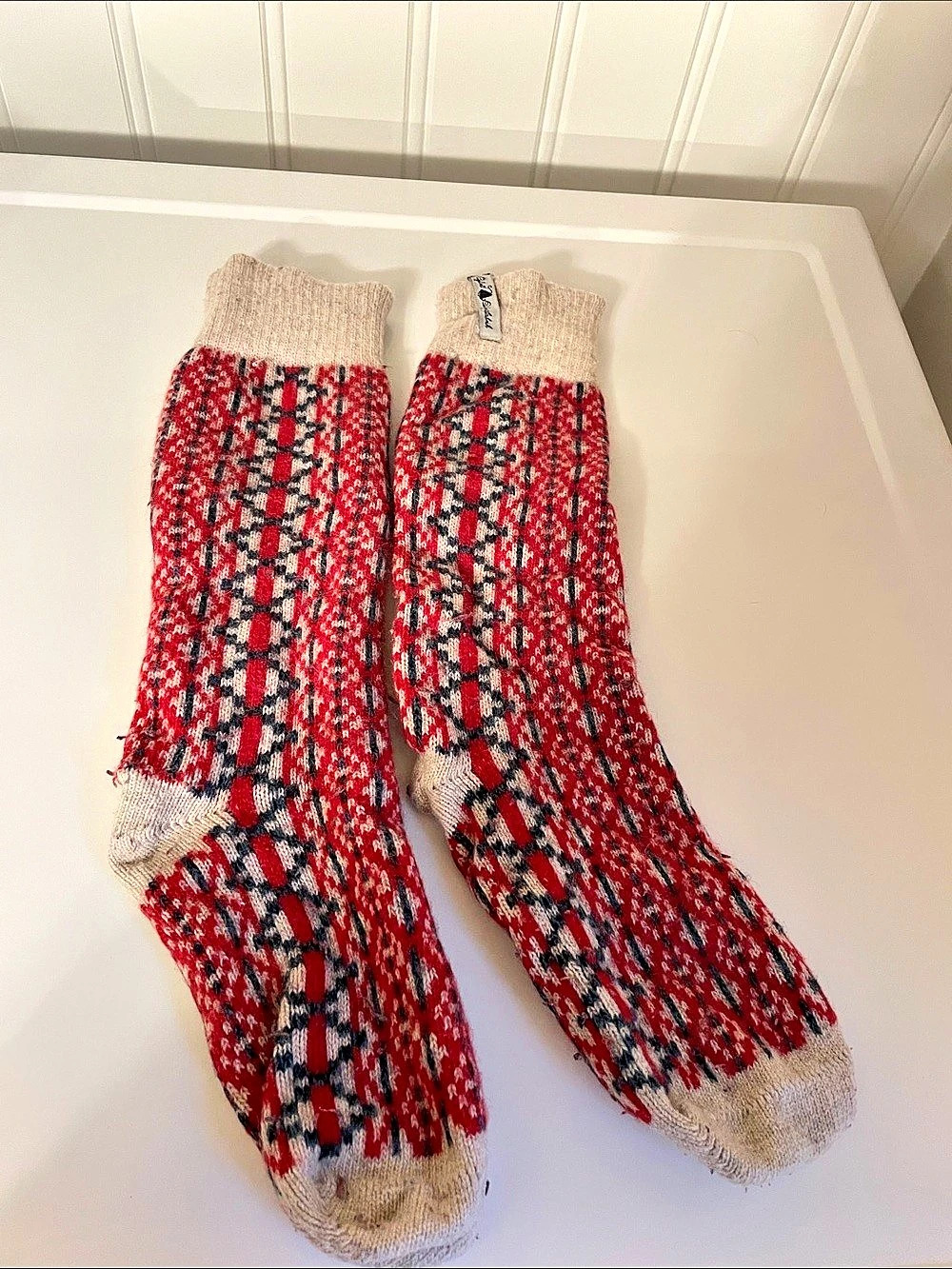 Wool Knit Socks in Red Blue & Beige